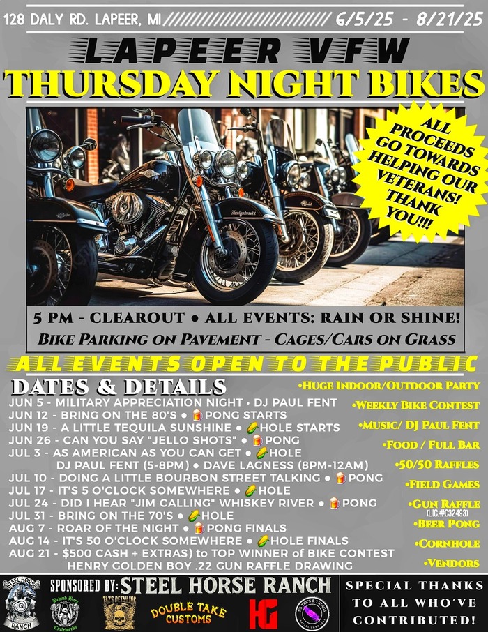 Thursday Night Bikes - Week 2 at Lapeer VFW: Bring on the 80s! (June 4, 2026)